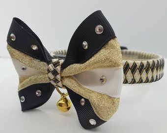 Large cat collar with bow tie / Safe and soft pet collar / Formal collar /  removable bow tie / Black white and gold collar