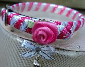 Pink Kitten Collar with white Contrast and Elegant Pink Rose