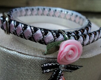 Kitten Collar Black with Pink Diamonds and Romantic Rose