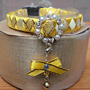 Designer Cat Collar Breakaway Yellow and Gold with Diamante Buckle
