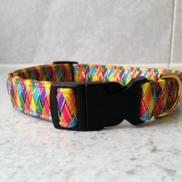 Dog Collar Fancy Ribbon Braided in Harlequin Colours 4 Sizes.