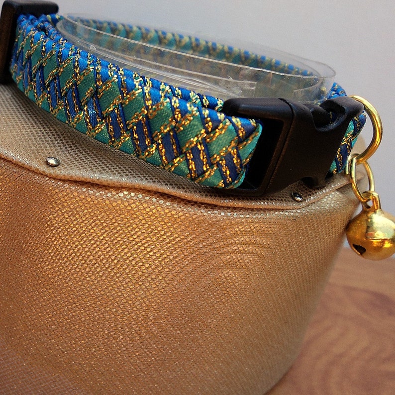 Boy Kitten Collar / Small Cat Collar in Two Tone Blue with Gold Accents. image 4