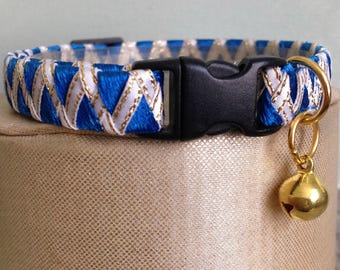 Kitty Collar / Cat Collar with Breakaway Buckle in Blue and White Ribbon Design