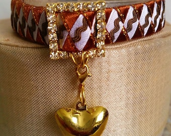 Cat Collar Breakaway Chocolate Brown with Heart Bell and Ric Rac Detail