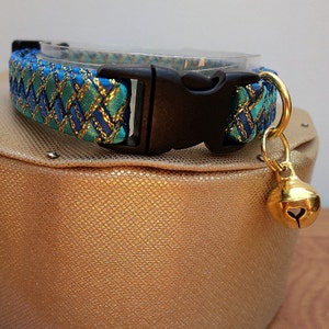 Boy Kitten Collar / Small Cat Collar in Two Tone Blue with Gold Accents.