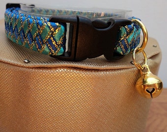 Boy Kitten Collar / Small Cat Collar in Two Tone Blue with Gold Accents.