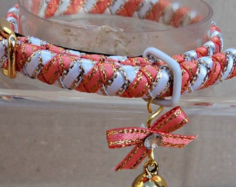 Small Kitten Collar Coral Pink and White Striped Ribbon.