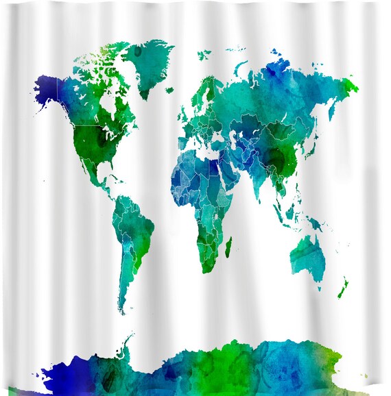Custom Shower Curtains Watercolor World Map Blue And Green Etsy