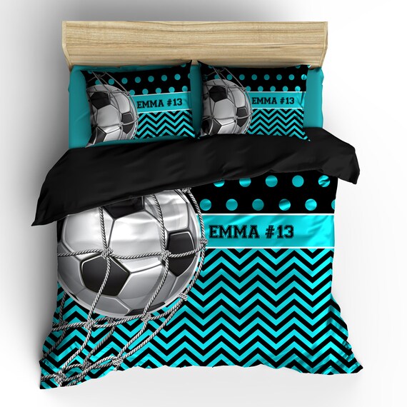 Custom Soccer Comforter Set Chevron Dots Turquoise Black Etsy