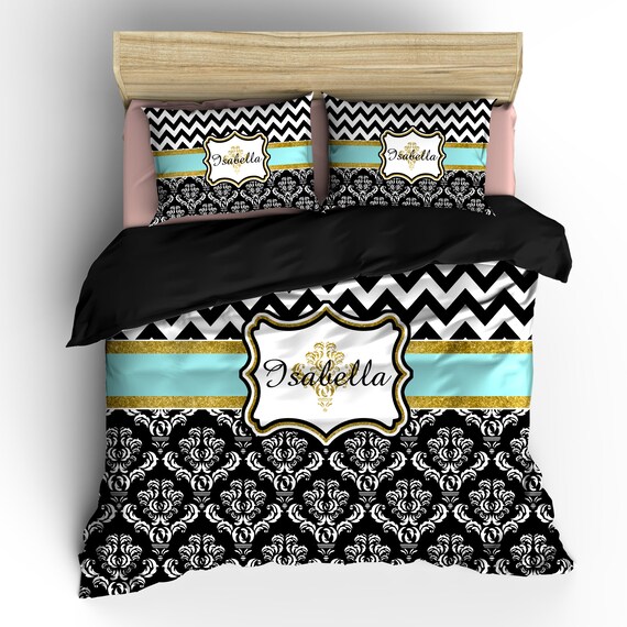 Custom Personalized Chevron And Damask Bedding Black White With Tiffany Glitter Gold
