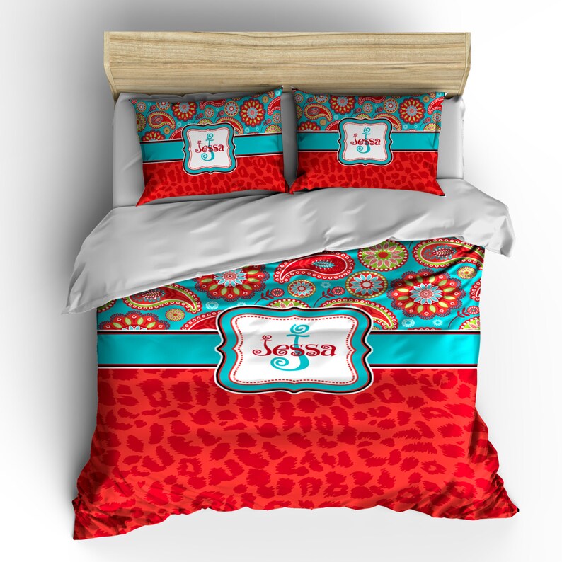 Personalized Custom Paisley And Red Cheetah Bedding Available Toddler Twin Queen King Size Duvet Cover Comforter Options