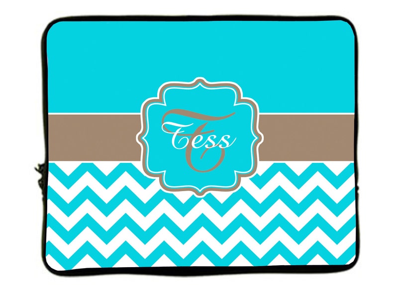 Turquoise Chevron-Taupe Accent 13 and 17 inch size available Personalized Monogram Designer Style Laptop Sleeves