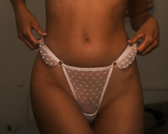 Sheer Mesh Polka Dot Thong Panties with Side Bows – Cute See Through Lingerie Gift for Her, Romantic Birthday Present Set