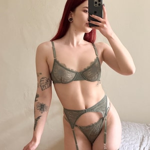Olive Green Lace Lingerie Set with Garter Belt – Special Occasion Bra & Thong – Romantic Gift for Her – Photoshoot Boudoir