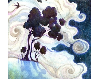 Tree Art Giclee Print, limited edition - "One Bright Night" - fairytale art, beautiful art , tree illustration, magical art