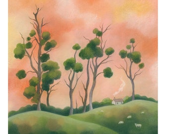 Beautiful Landscape Drawing Giclee Print - "Where the Mistletoe Grows" - tree art, English landscape, sunrise art