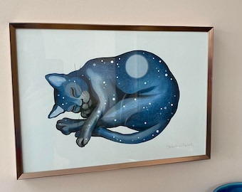 Sleeping Cat Art - Giclee Print - "Lunar Cat dreaming" - surreal art print, whimsical cat art, peaceful cat, blue cat