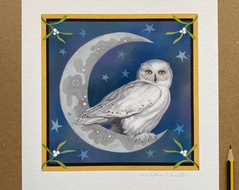 Owl Art Giclee Print  - snowy owl, art gift, crescent moon - "Midnight Owl"