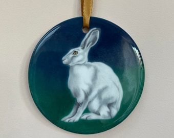 HARE ceramic ornament - white hare hanging ornament, hare tree decoration, mountain hare