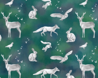 2 X SHEETS: woodland animals Wrapping paper  - "Woodland Spirit Animals" -  green, recyclable gift wrap. Deer, fox, hare, owl