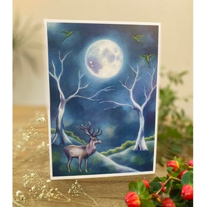 Kaart hert en volle maan - Hertenkunstkaart, Bushy Park-kunst, landschapskunstkaart, Bushy park-kaart