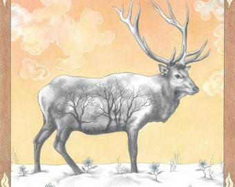 Deer Art Print -  "Winter Elk" - wildlife art, surreal art, stag drawing, snowy scene, winter scene