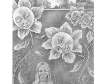 Childhood Art, limited edition - "Mary Mary..." - nursery rhyme art, fairytale art, black and white art, pencil drawing, magical drawing