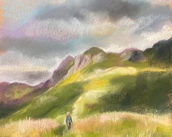 Lake District Landscape drawing - Wandering in the Langdales, chalk pastel