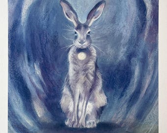 Lunar Hare Art print - Spirit Animal, Mystical illustration, mystical Giclee
