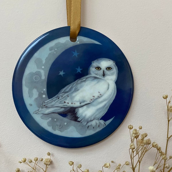 OWL ceramic tree decoration - snowy owl hanging ornament, crescent moon, tree decoration, letterbox gift, Midnight Owl