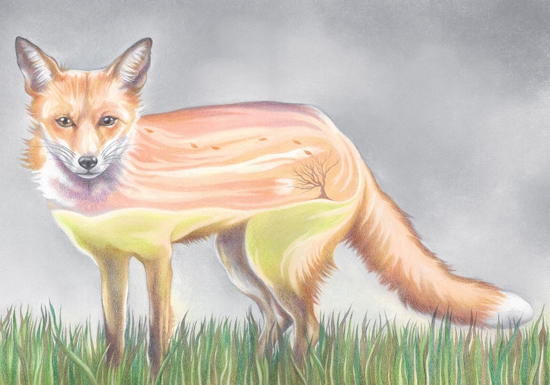 Surreal Fox Drawing Giclee Art Print image 2