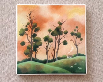 Beautiful Ceramic Coaster - "Mistletoe Trees" - drink coaster, tree art, landscape art gift