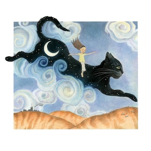 Cat Greetings card - black cat card, black cat art, surreal art card, ginger cat card, magical drawing
