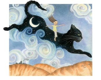 Surreal Black Cat Art Card: Magical Illustration Greetings Card
