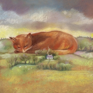 May include: A pastel illustration depicts a large, orange cat curled up on a green hillside. A small white cottage with a purple roof sits below. The sky is a mix of yellow, gray, and purple.