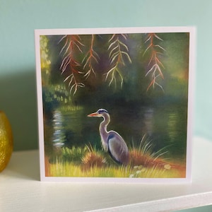 Carte de voeux héron - carte héron, carte d'art héron, carte d'art oiseau, carte d'art impressionniste, dessin héron, Bushy Park
