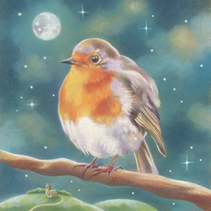 Cartão Robin - cartão de pássaro ilustrado, cartão de arte nostálgica