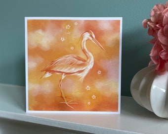 Spirit Heron greetings card - "Gratitude" - bird card, heron art, beautiful art card