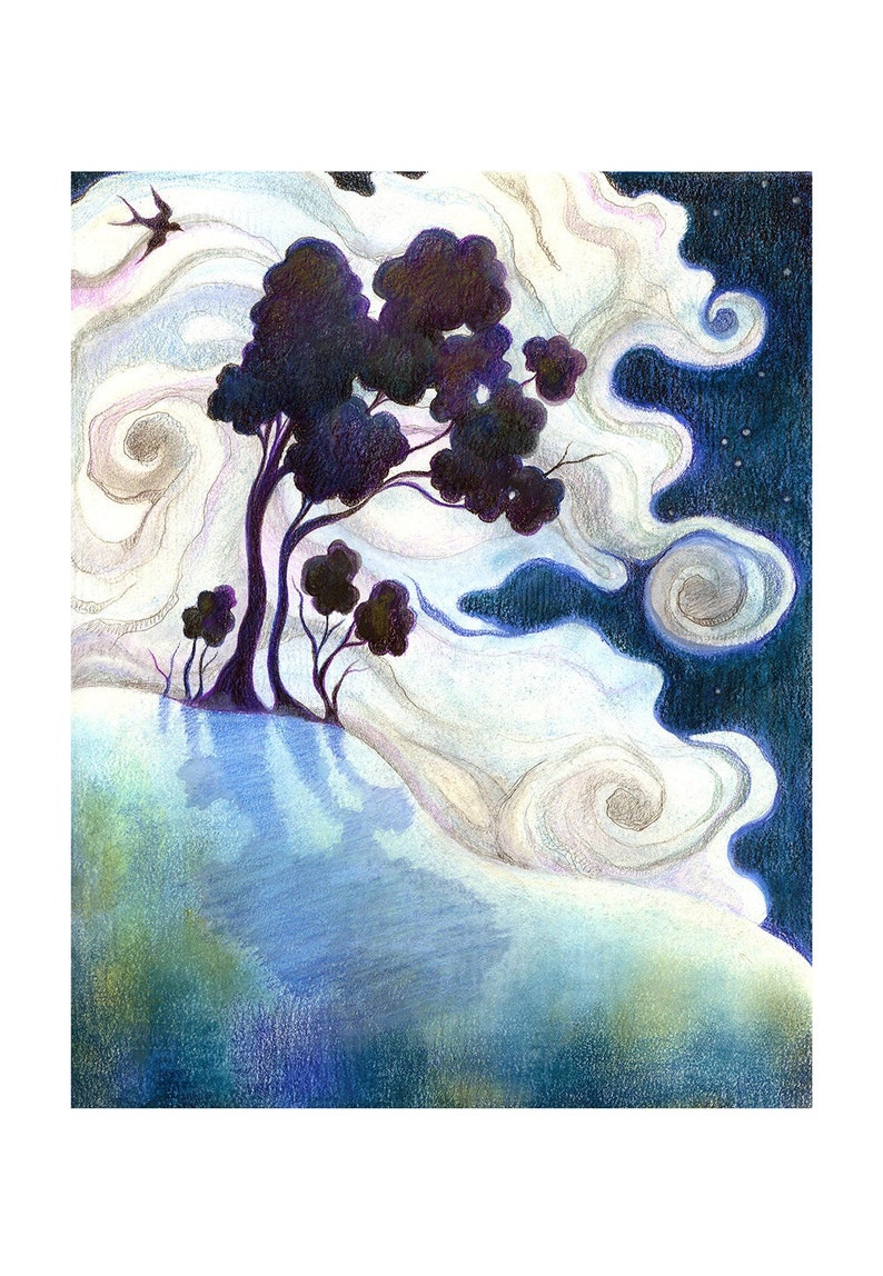 Tree Art Giclee Print, limited edition One Bright Night fairytale art, beautiful art , tree illustration, magical art image 1