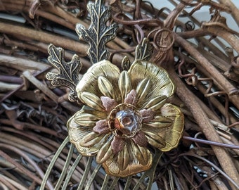 Oak Leaf Spinner-Floral Nature Inspired Bridal Hair Comb-Brass