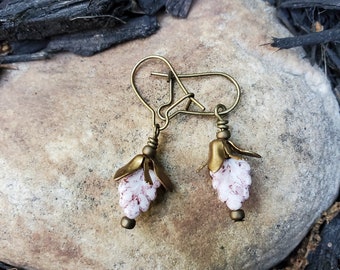 Blush and Brass Earrings-Vintage Brass and Flower Earrings