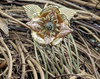 Solar Flower-Floral Nature Inspired Bridal Hair Comb-Brass