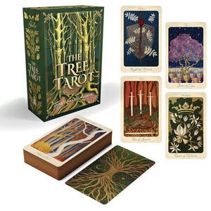 May include: The Tree Tarot deck by Jacqueline Gelfuso Gallo includes a green box with gold tree illustrations, a stack of cards, and four individual cards: Knight of Wands, Seven of Cups, Four of Swords, and Queen of Pentacles, all with nature art.