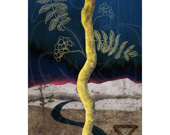 May include: A gold-colored, twisted, wooden stick stands against a blue and brown background. The stick is surrounded by a gold-colored, stylized image of a rowan tree with berries. The background features a stylized image of a river and a symbol resembling an hourglass.