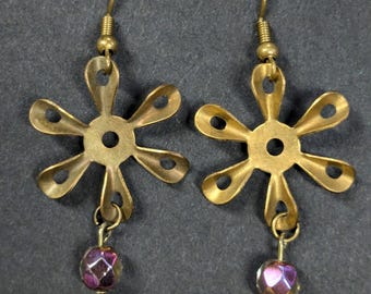 Sunflower Gem Earrings-Vintage Brass and Flower Earrings
