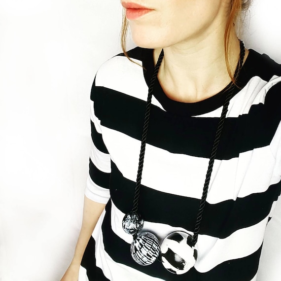 Monochrome,Geometric,Black,White,3 Ball,Statement,Adjustable,Unique,Necklace,Hand Painted,Bold Style,Beaded Necklace Bold Jewellery JLD 46