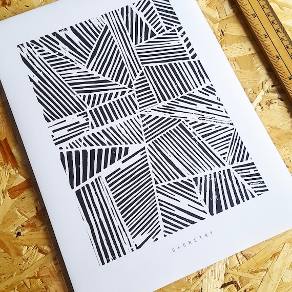GEOMETRY A4 Art Print, Linoprint, monochrome, geometric, pattern, linear, block print, hand printed, graphic, modern style, new home gift