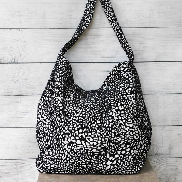 Cheetah Print Hobo, black and white cheetah shoulder bag, large sling bag, linen flock velvet handbag, animal print hobo
