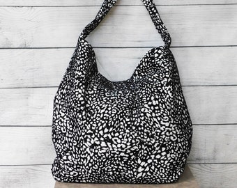 Cheetah Print Hobo, black and white cheetah shoulder bag, large sling bag, linen flock velvet handbag, animal print hobo