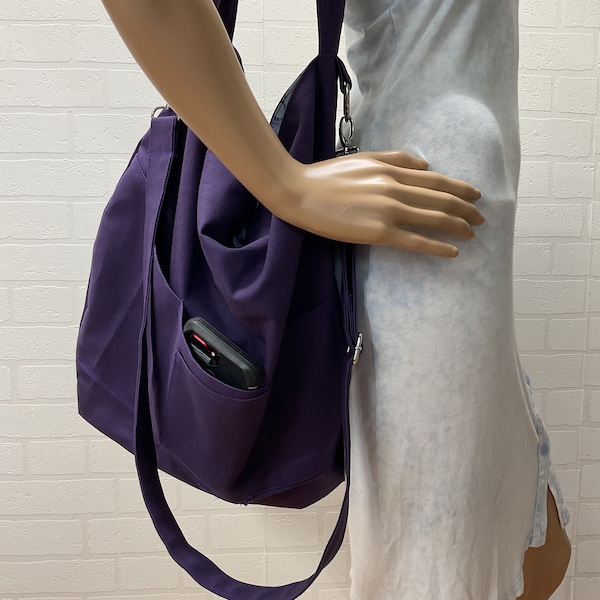 Canvas hobo bag, large carry-on shoulder bag, purple crossbody, over-night sling bag with pockets, FREE keychain with purchase